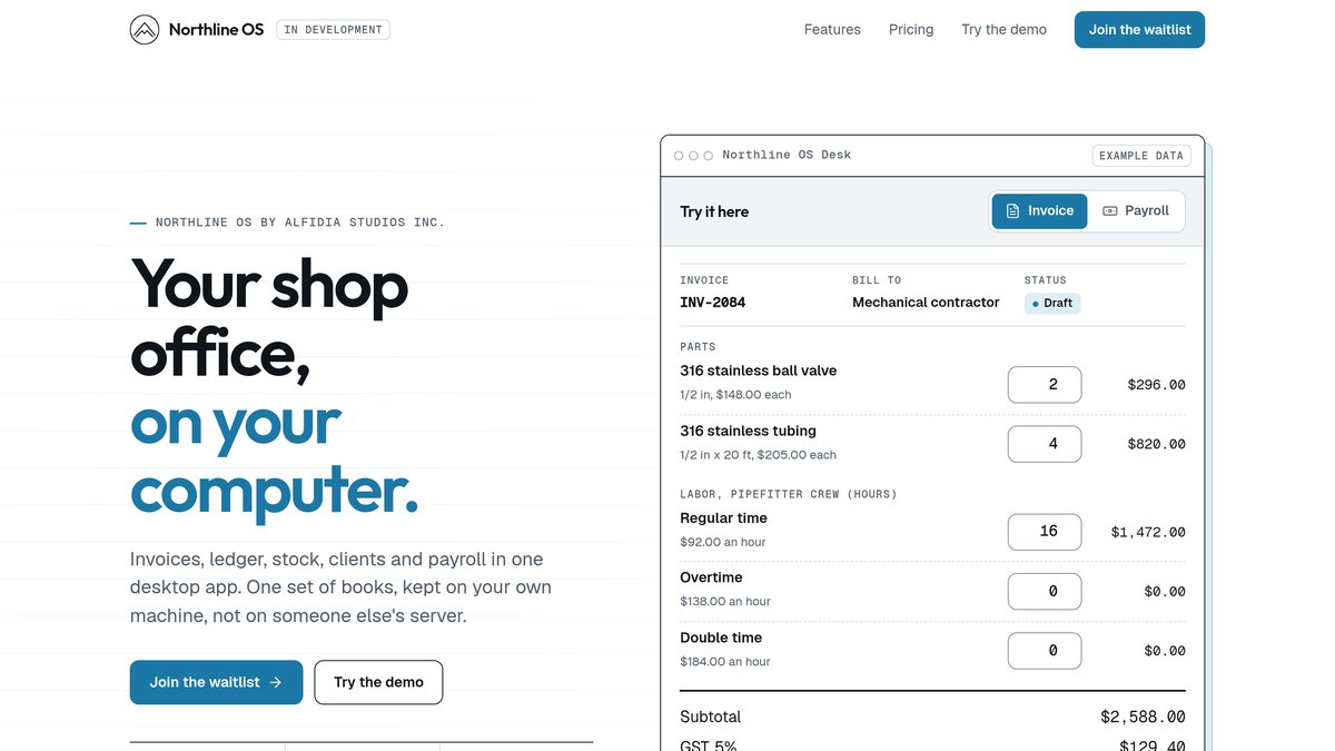 Northline OS homepage with the headline Your shop office, on your computer, beside a live invoice demo.