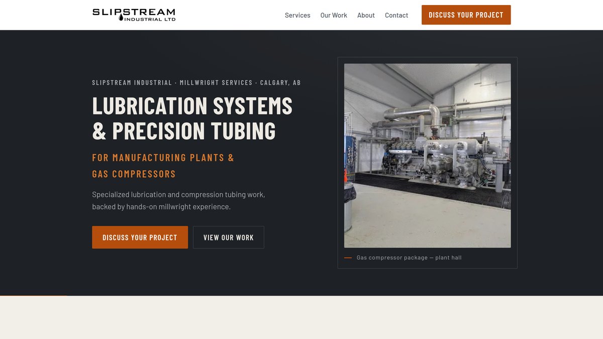 Slipstream Industrial homepage with the headline Lubrication Systems and Precision Tubing beside a photo of a gas compressor package.