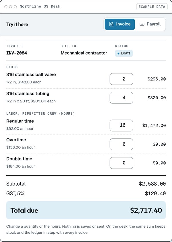 Northline OS invoice view with parts, crew labour hours, GST and total due.