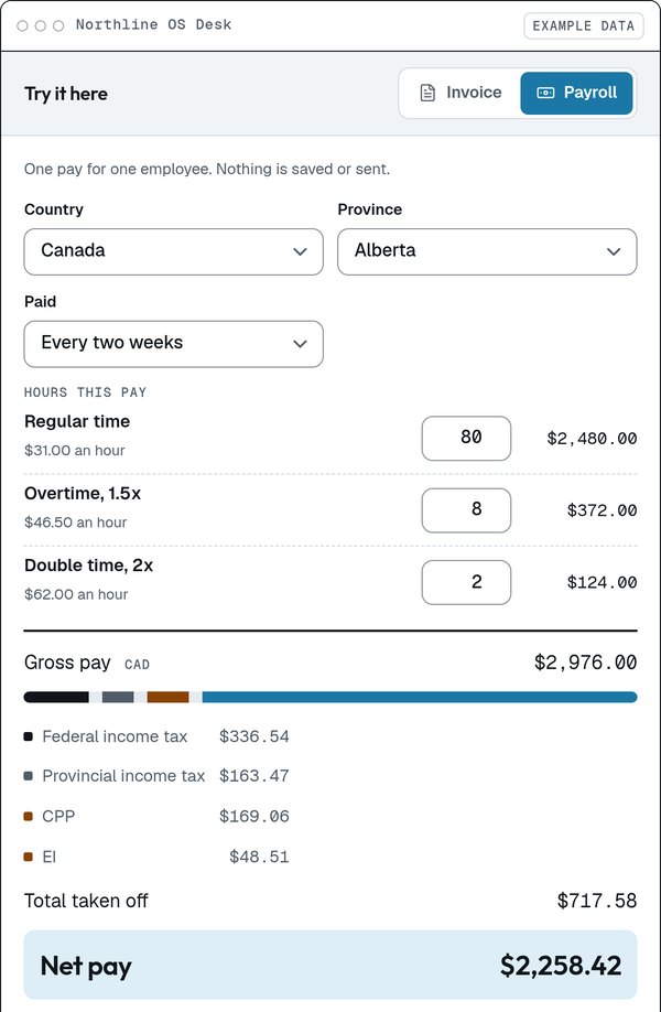 Northline OS payroll view for an Alberta employee showing gross pay, tax and CPP deductions, and net pay.